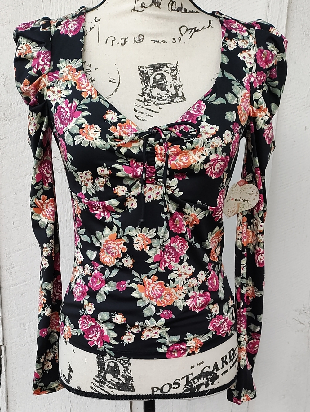 Self Esteem Black Long Sleeve Ruche Bodice Floral Top Pink & Orange Blooms